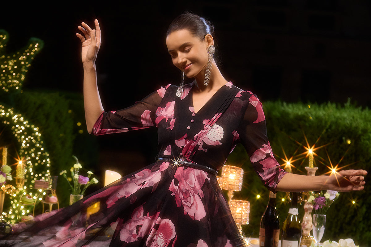 richradiqs floral midi dress at an elegant outdoor rehearsal dinner
