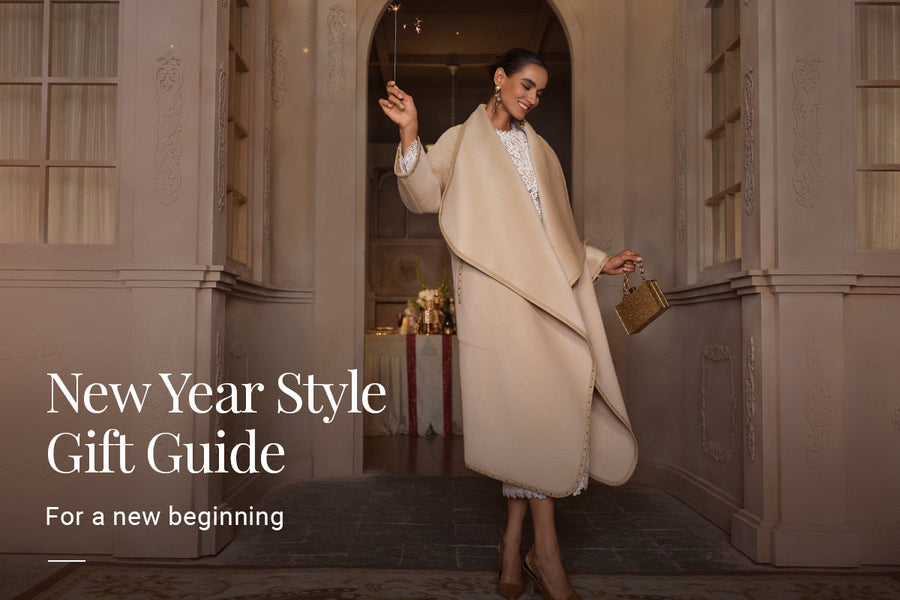 Elegant beige wool coat styled for winter fashion, perfect for New Year events or gifting, more refined and timeless than typical outerwear