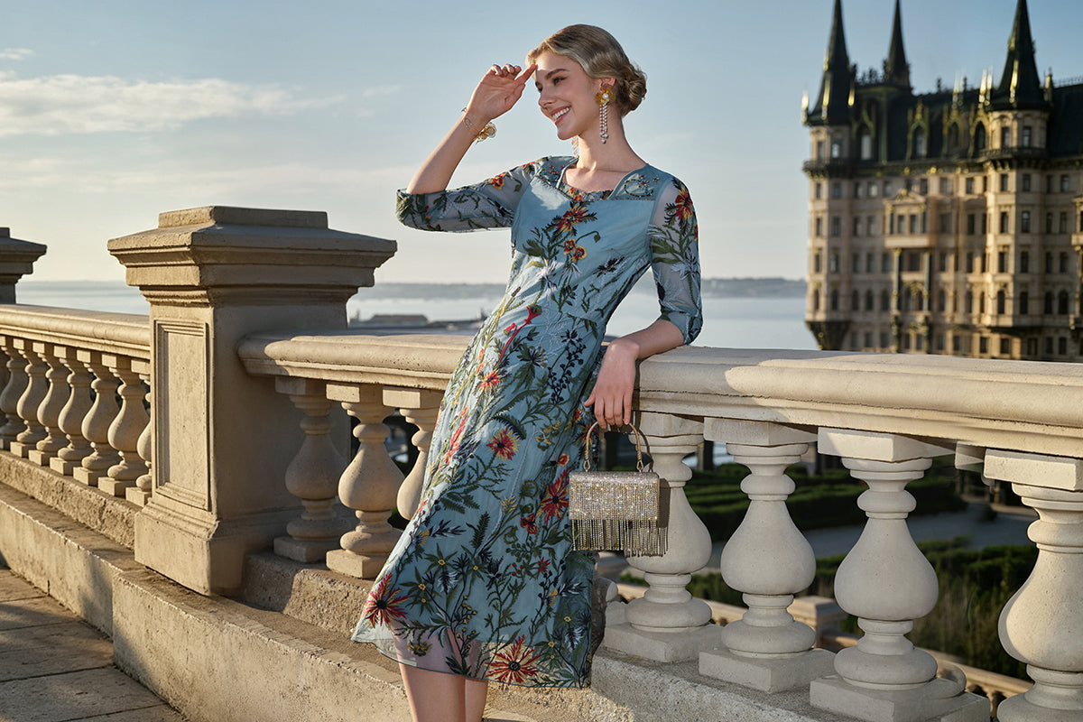 richradiqs blue floral midi wedding guest dress for an outdoor daytime ceremony