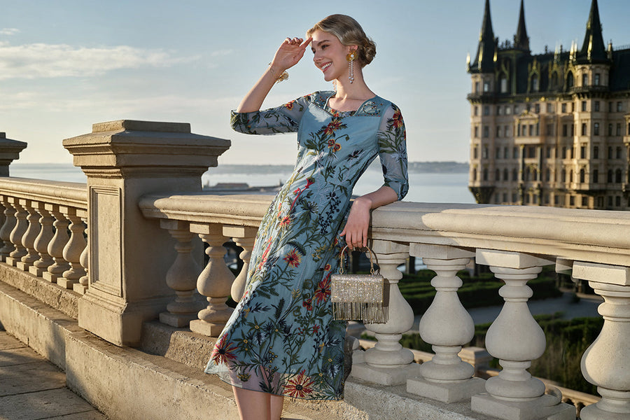 richradiqs blue floral midi wedding guest dress for an outdoor daytime ceremony