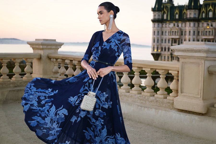 richradiqs blue floral V-neck maxi dress for an elegant wedding reception