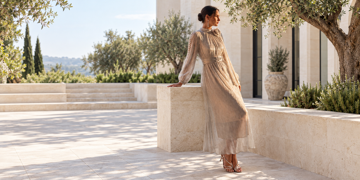 Petite woman wearing a flattering maxi dress
