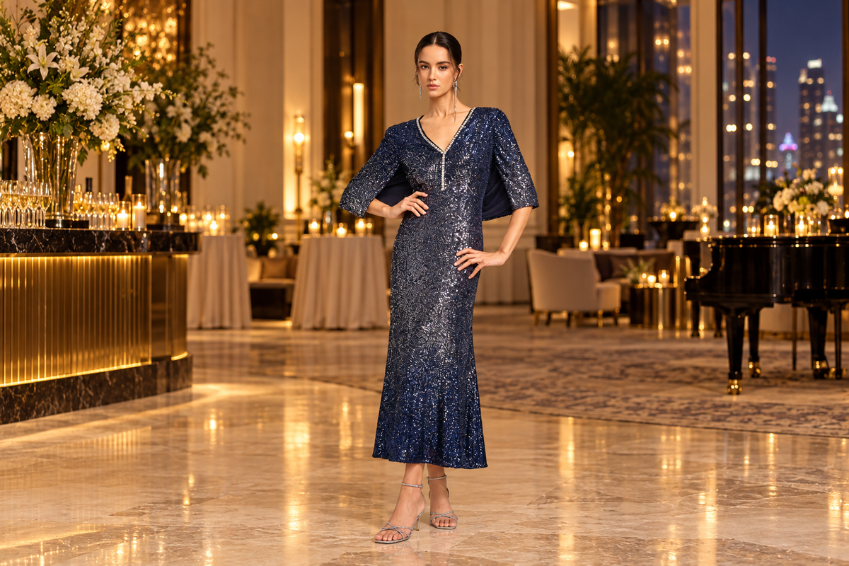 Elegant shoes styled with a sequin evening dress