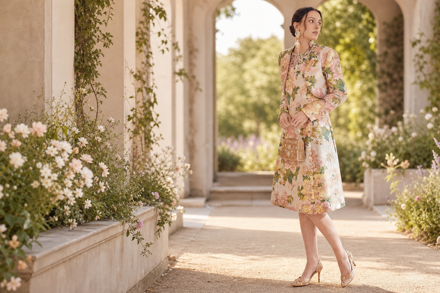 Women wearing A-line floral dresses in different lengths and print scales
