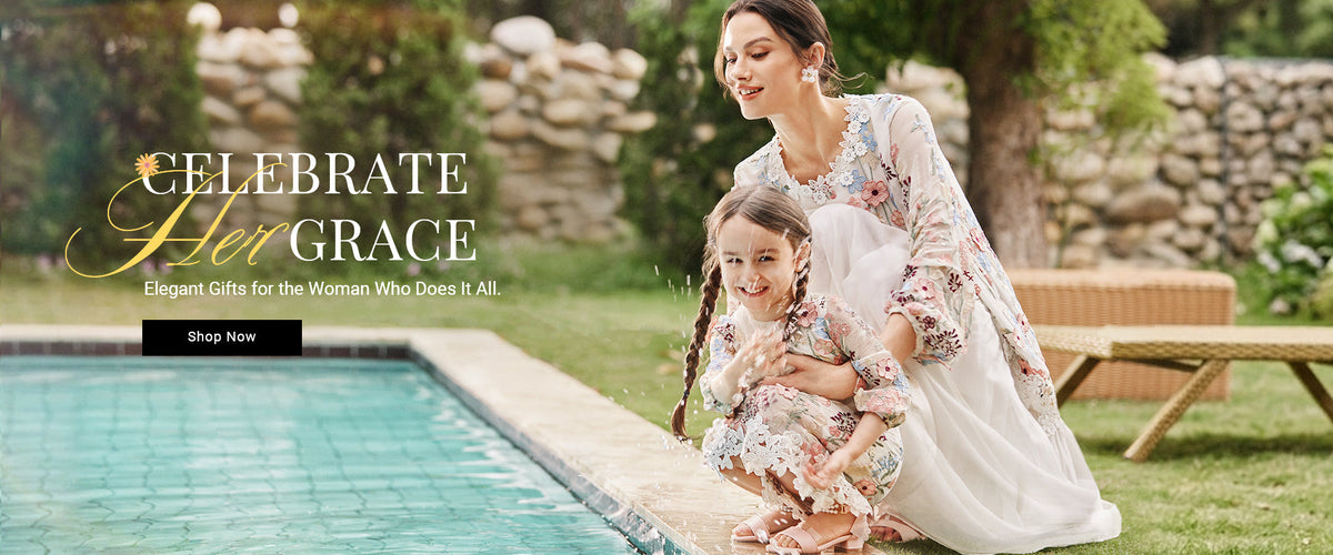 Mother’s Day sale banner with mother and daughter wearing floral dresses by the pool