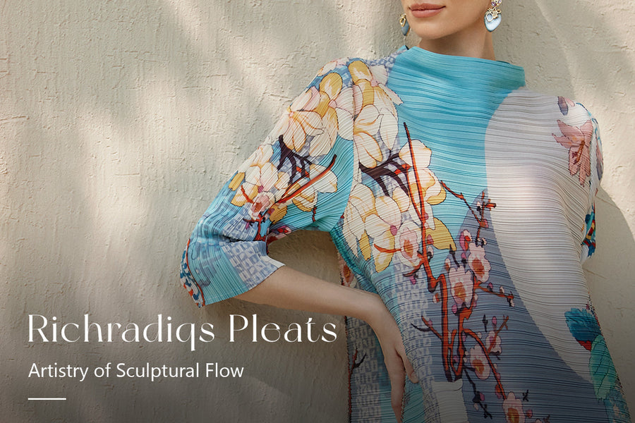 Richradiqs Artistic Print Pleated Dress with mock neck, shown in elegant scenery.