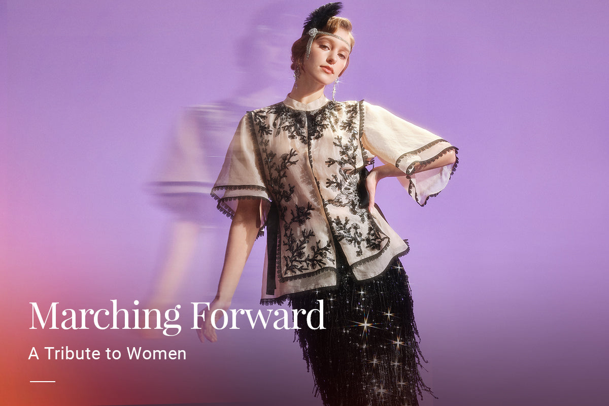 Elegant embroidered top with vintage-inspired design and sequin skirt, styled for modern women, perfect for events or evening wear, more artistic than typical fashion outfits