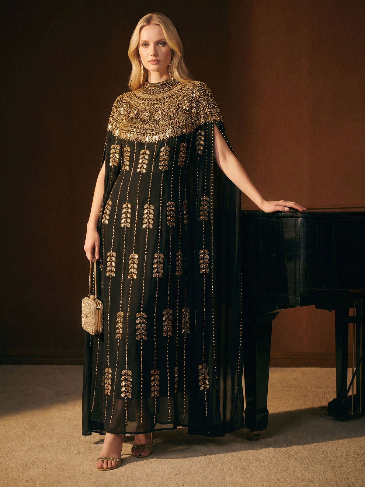 Hand-Beaded Rhinestone Cape Robe (Inner Wear Included)