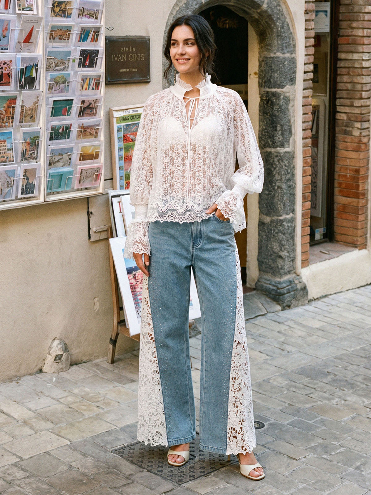 Eyelet Lace Ruffle High-Neck Blouse
