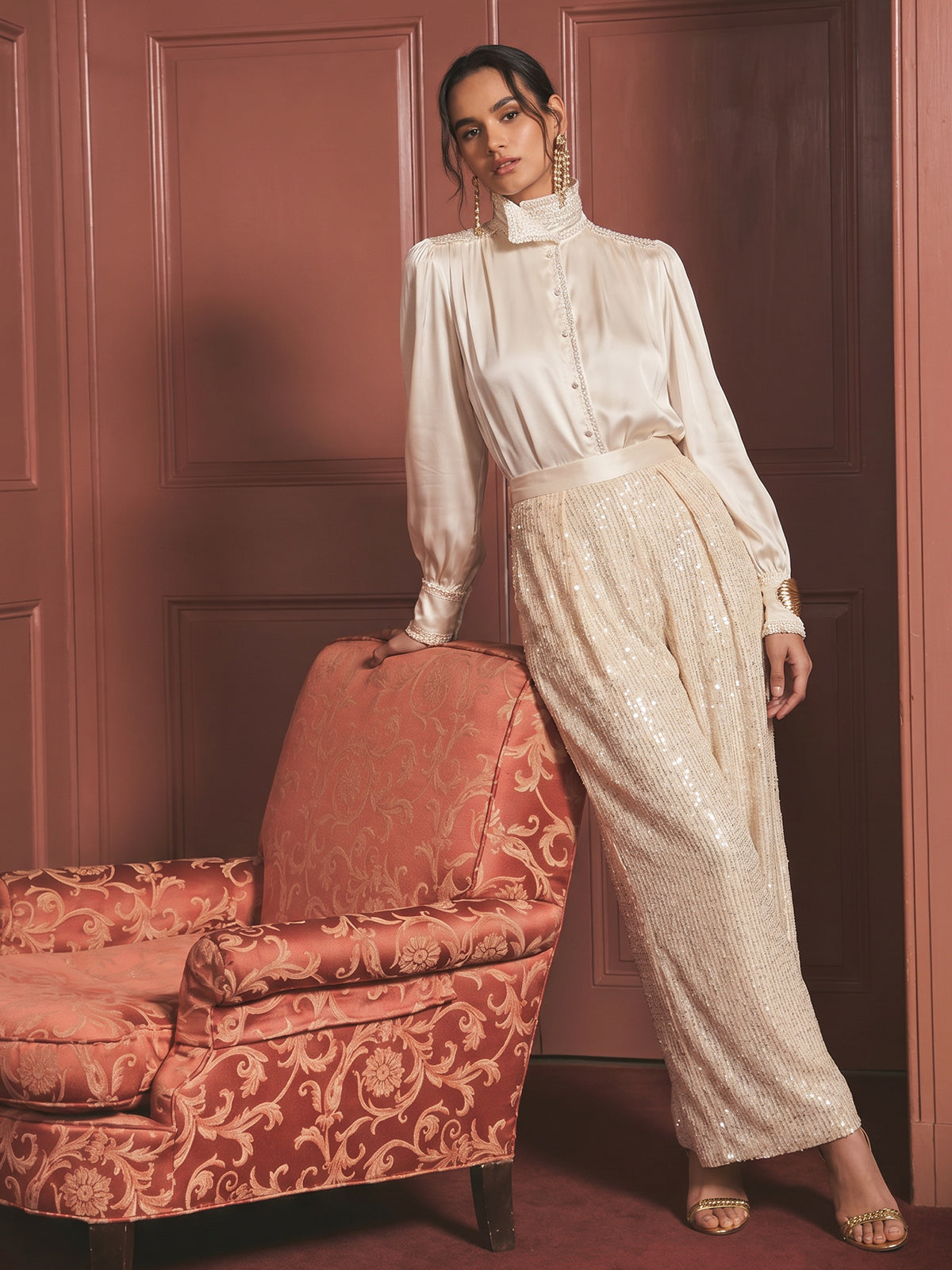 Beaded Embroidered Satin Stand-Collar Blouse