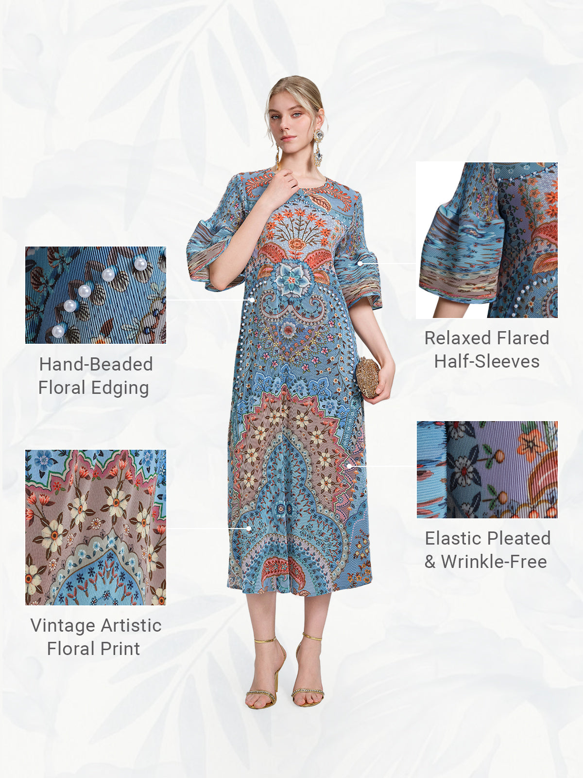 Pleated Beaded Floral Print Dress