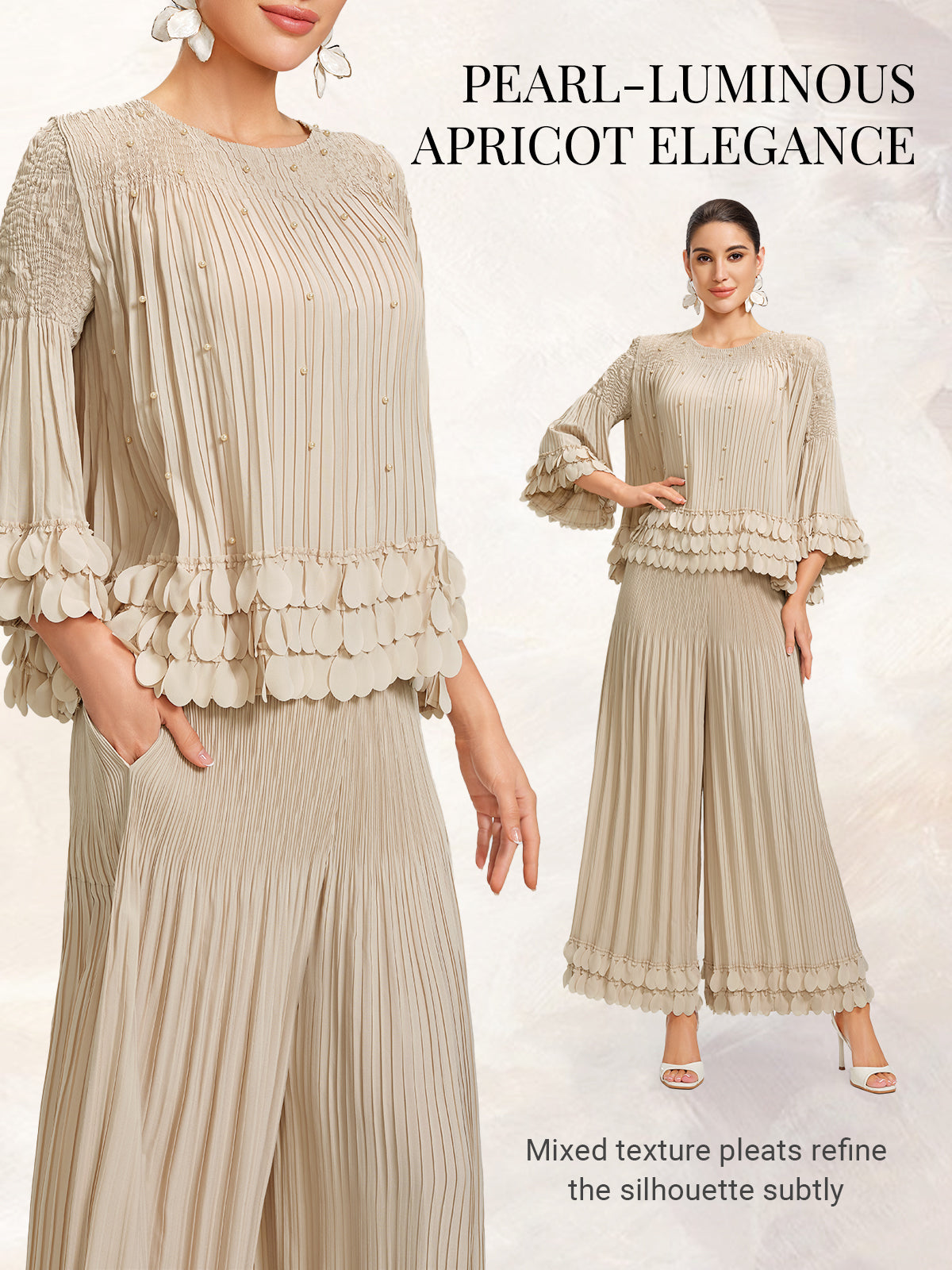 Hand-Stitched Floral Beaded Pleated Set