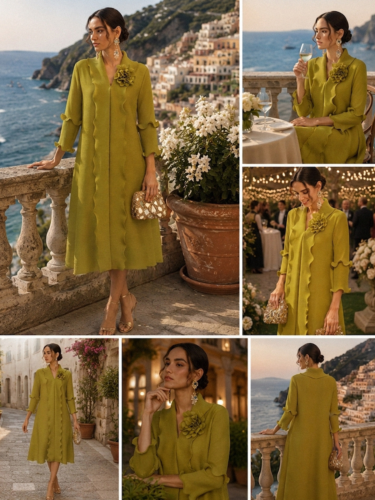 Ruffle Pleated Floral Brooch 3/4-Sleeve Gown
