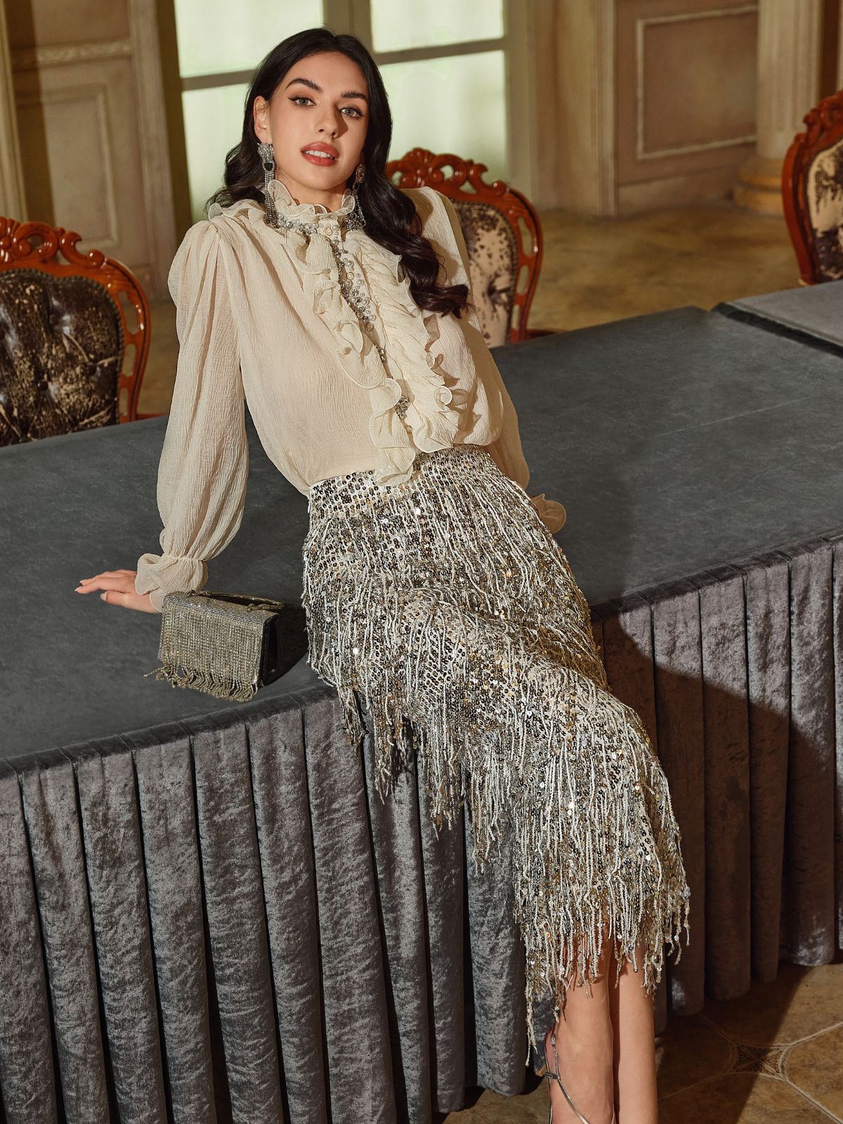 Ruffled Stand Collar Beaded Shirt
