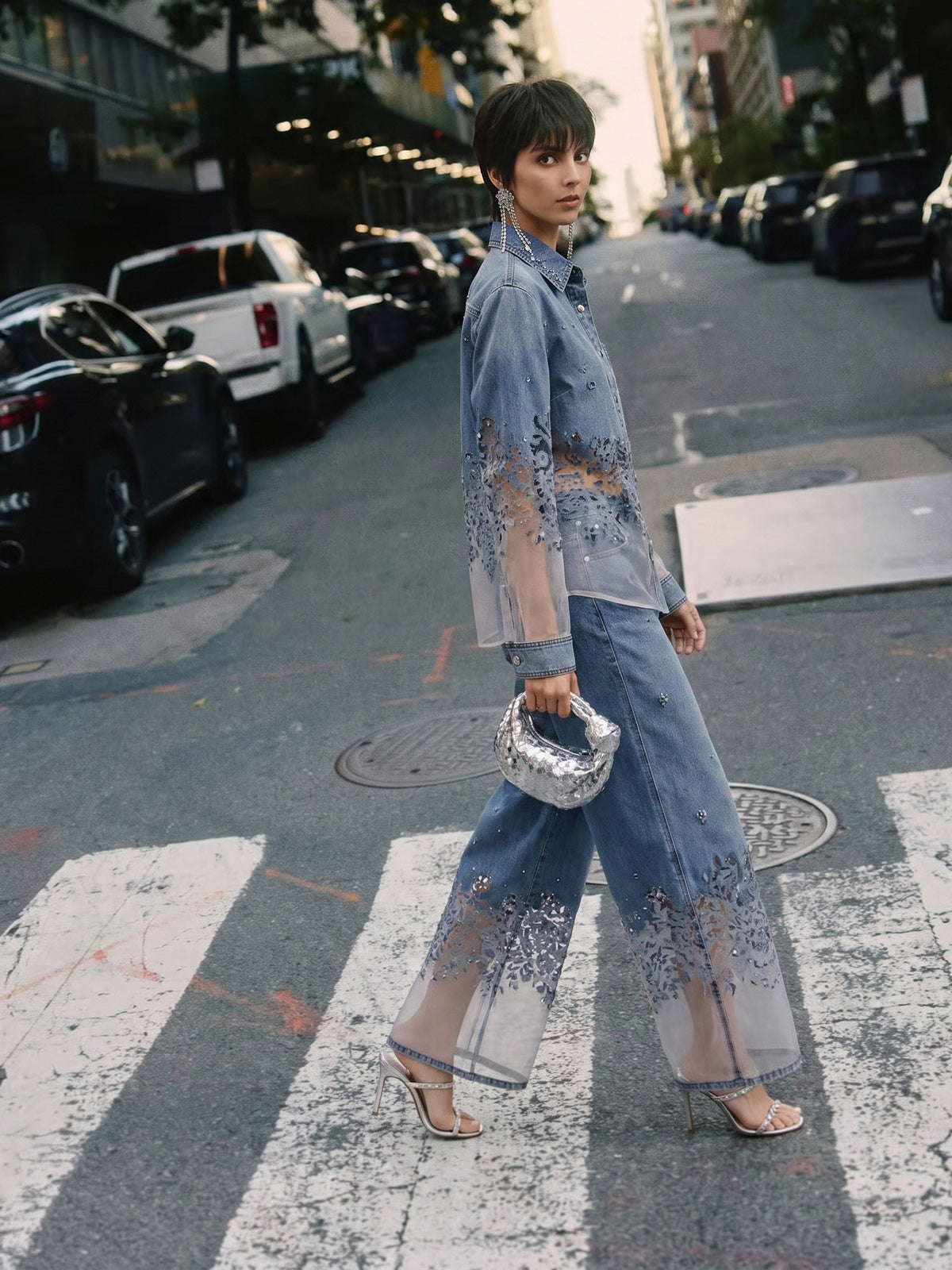Denim Burnout Mesh Panel Rhinestone Loose Shirt