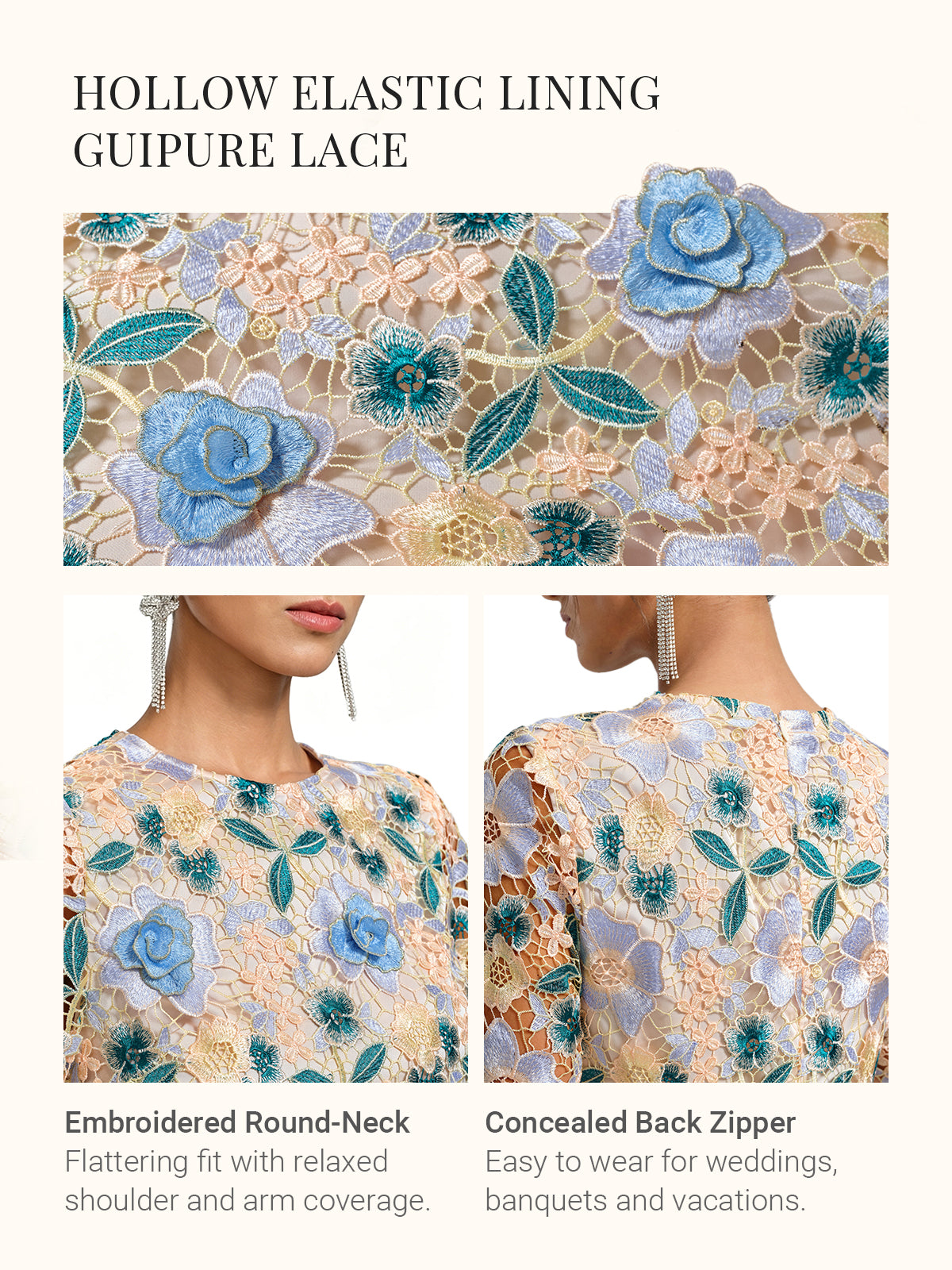 Guipure Lace Floral Leaf-Embellished Dress