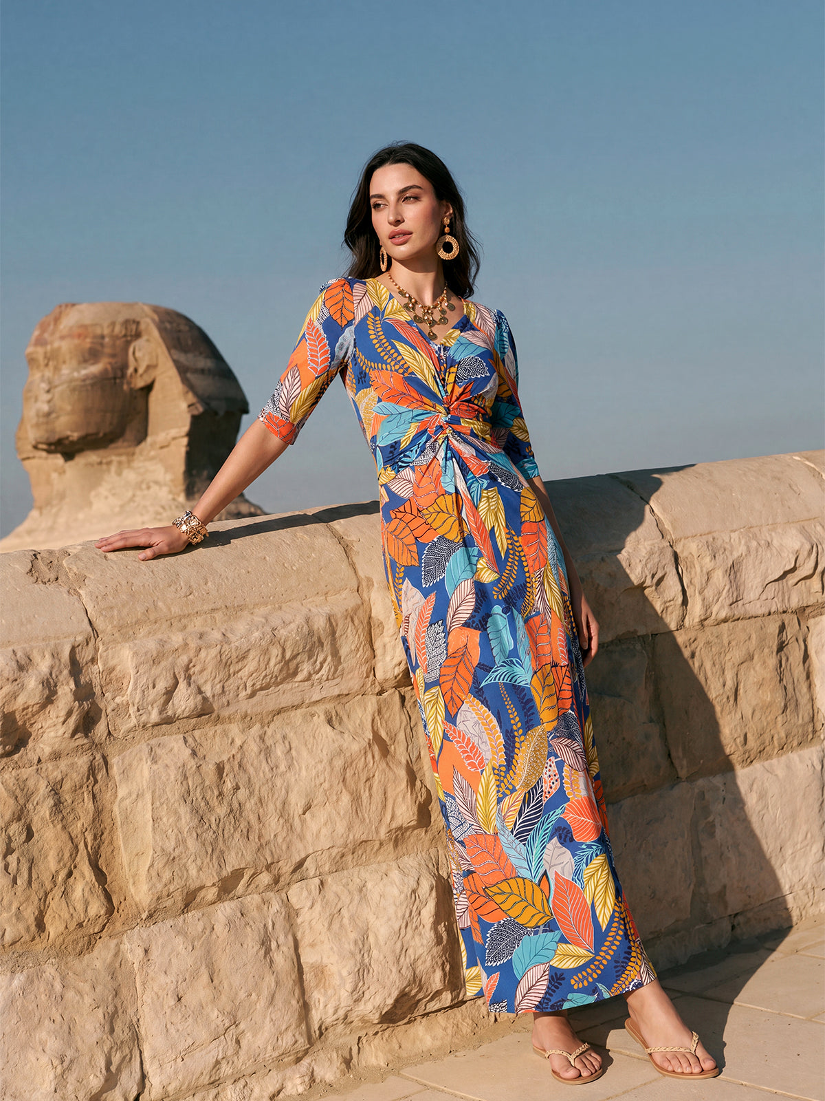 Ice-Silk Knit Tropical Leaf Print Three-Quarter Sleeve Dress
