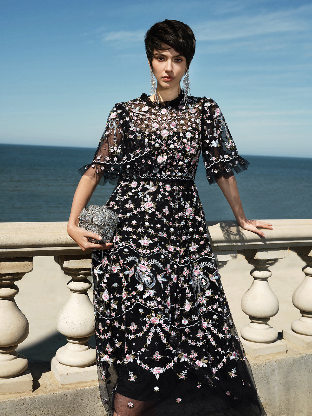 Embroidered Floral Ruffled Tulle Dress