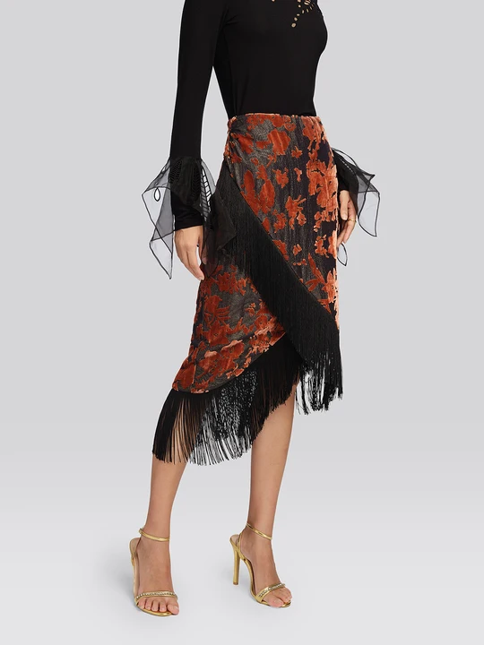 Burnout Velvet Floral Fringe Skirt