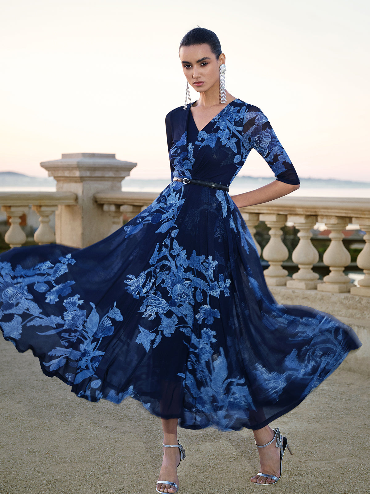 Floral Mesh V-Neck Maxi Dress (Belt Included)