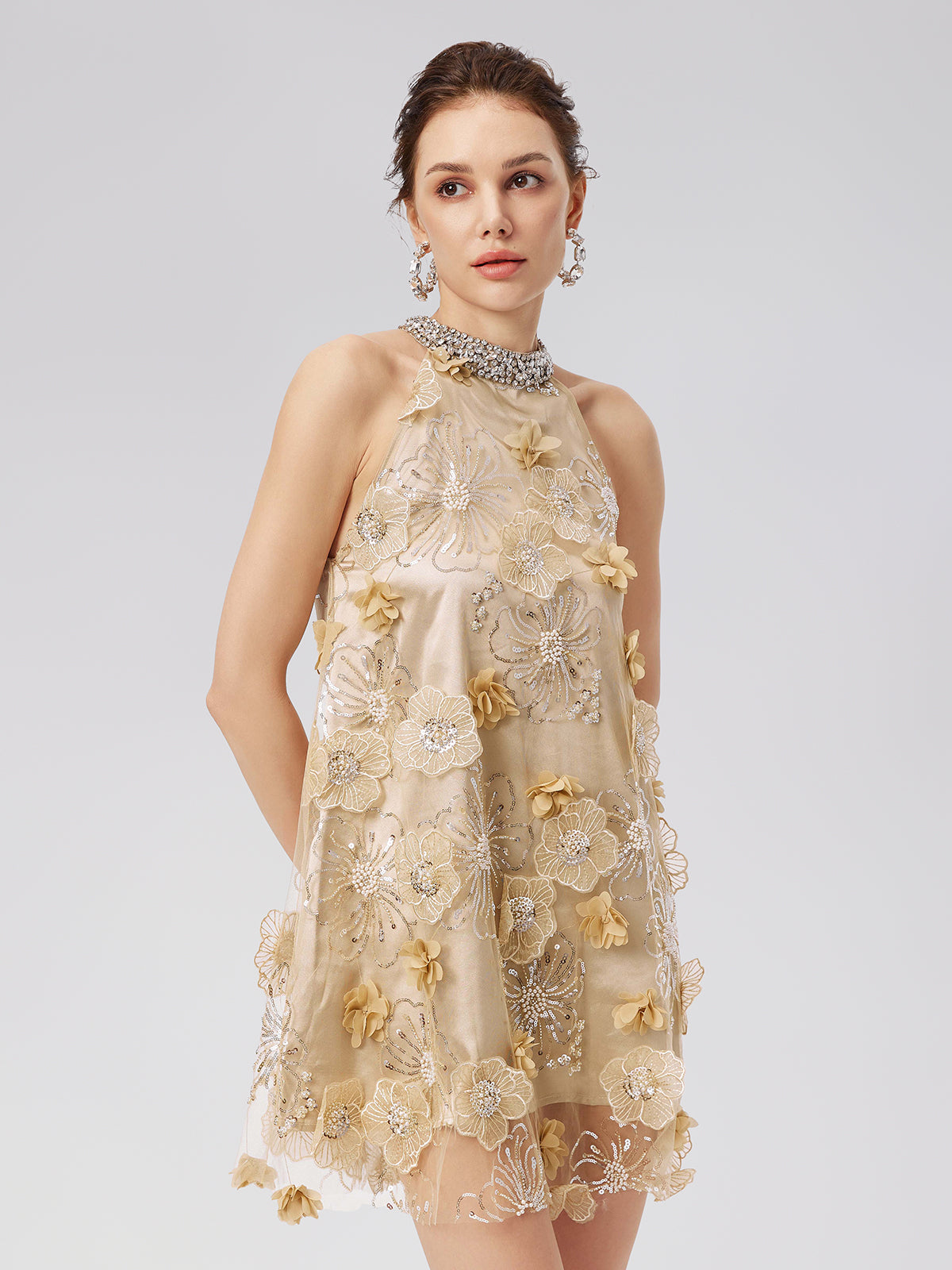 Women's 3D Floral Embroidered Rhinestone Halter Neck Mini Dress, Apricot / M Women's 3D Floral Embroidered Rhinestone Halter Neck Mini Dress, Apricot / M