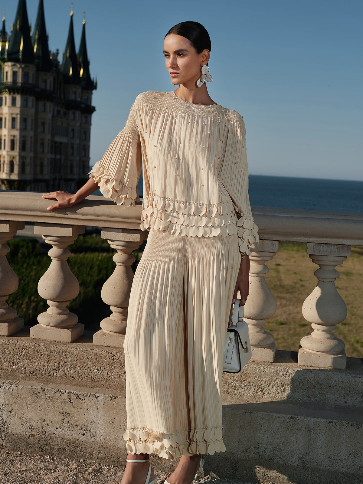 Hand-Stitched Floral Beaded Pleated Set