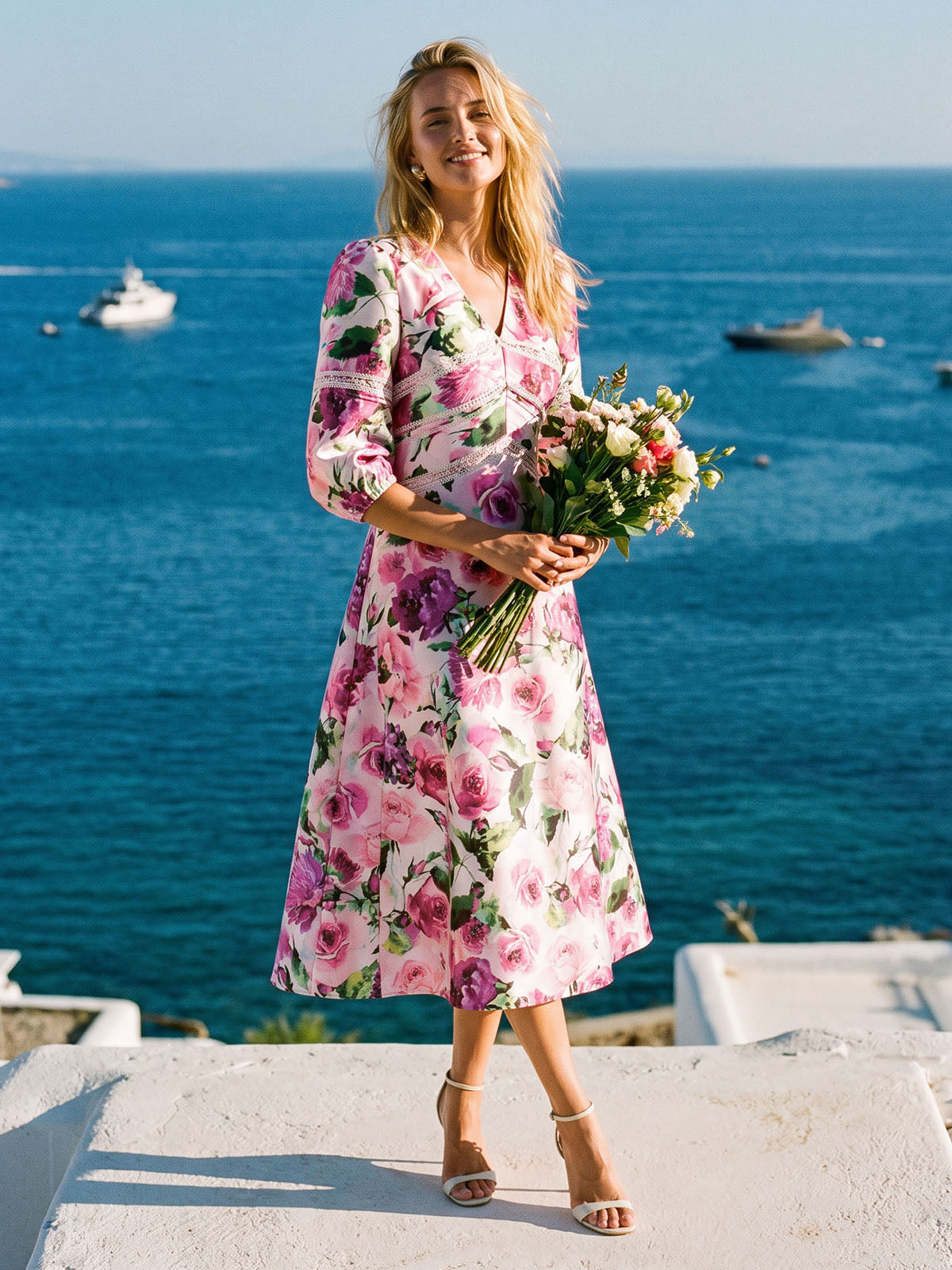 Rose Print Satin Lace Dress