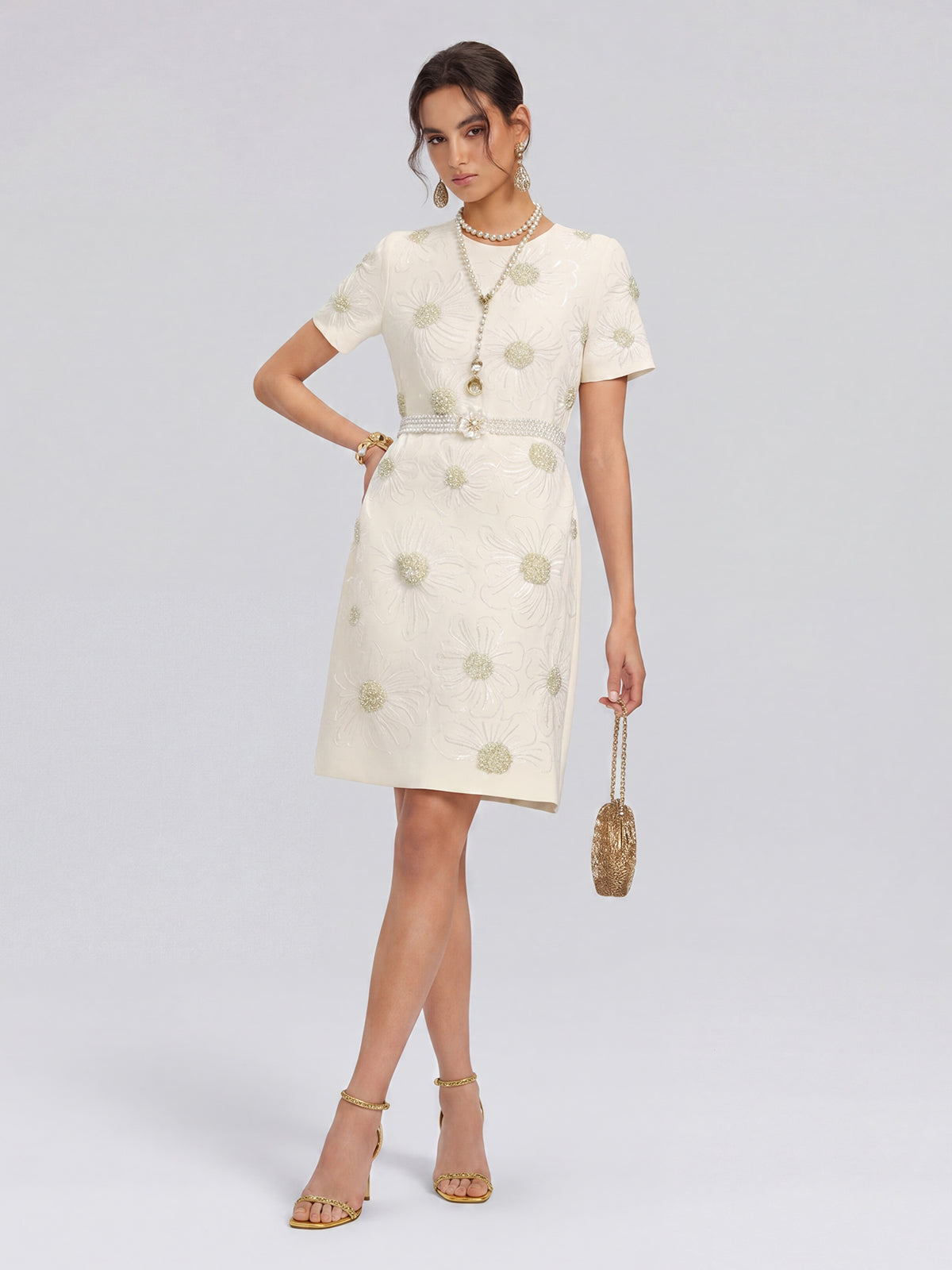 Floral Embroidery Hand-Beaded Dress (Belt Not Included)