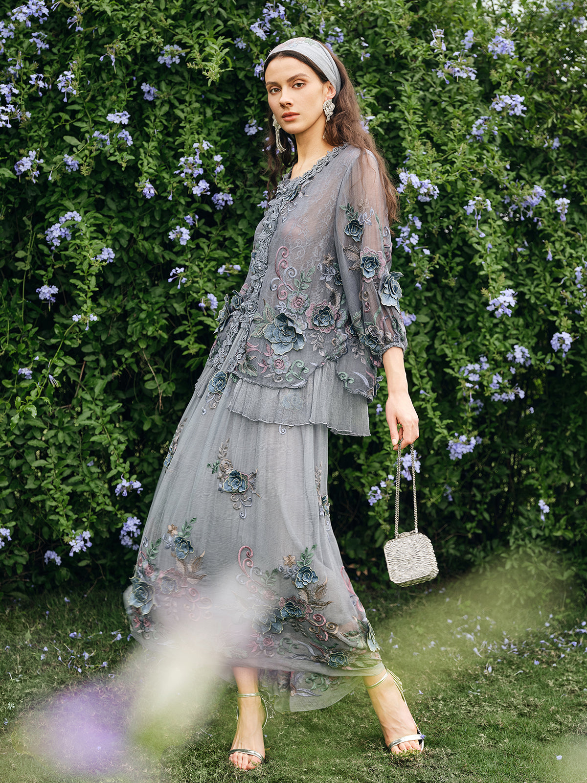 Handcrafted 3D Floral Silk Skirt