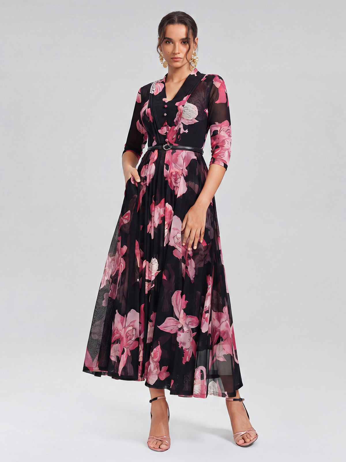 Floral Mesh Pleated V-Neck Dress (Belt Included)