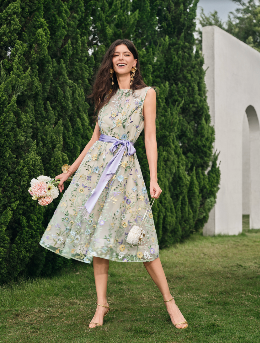 Floral Embroidered Tulle Sleeveless Dress (Wasit Tie & Shawl Included)