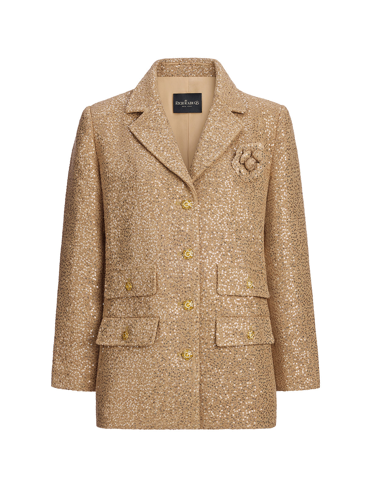 Gold Sequined Camellia Brooch Jacket