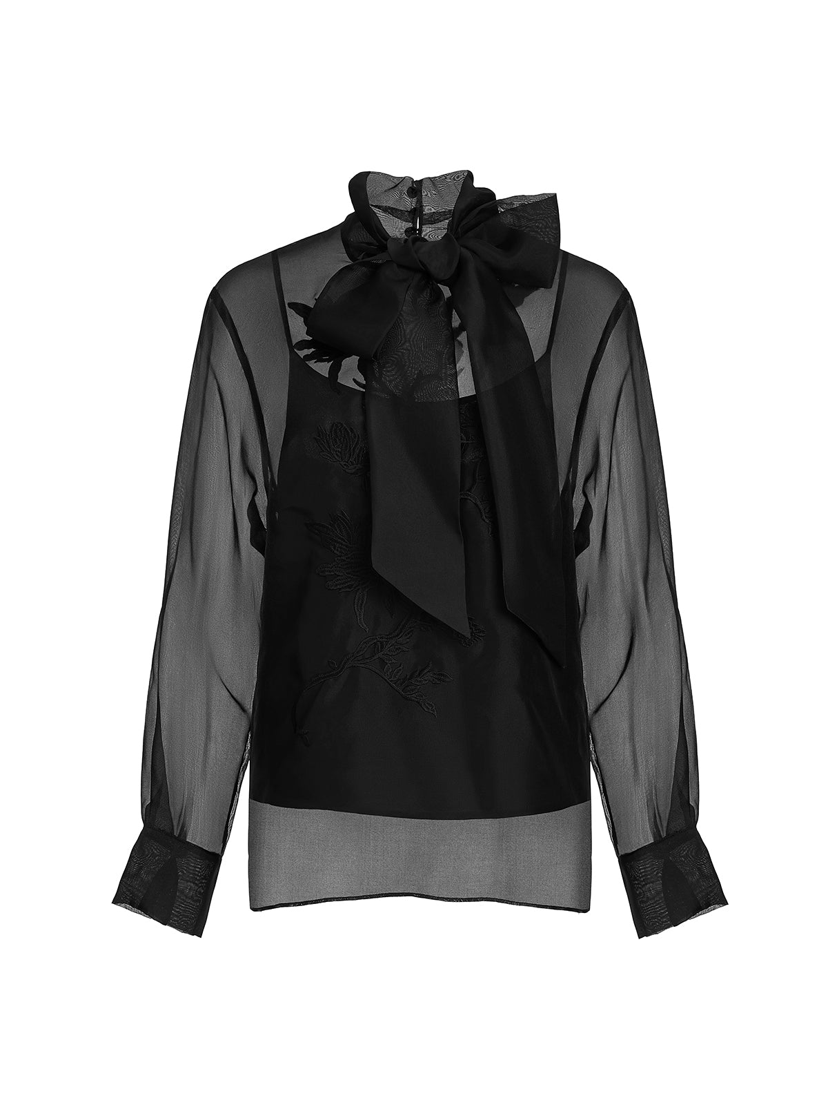 Silk Embroidered Tie Long Sleeve Blouse