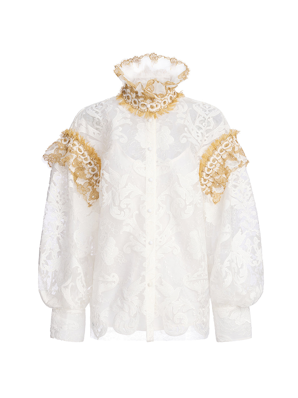Baroque Lace Embroidered High-Neck Blouse