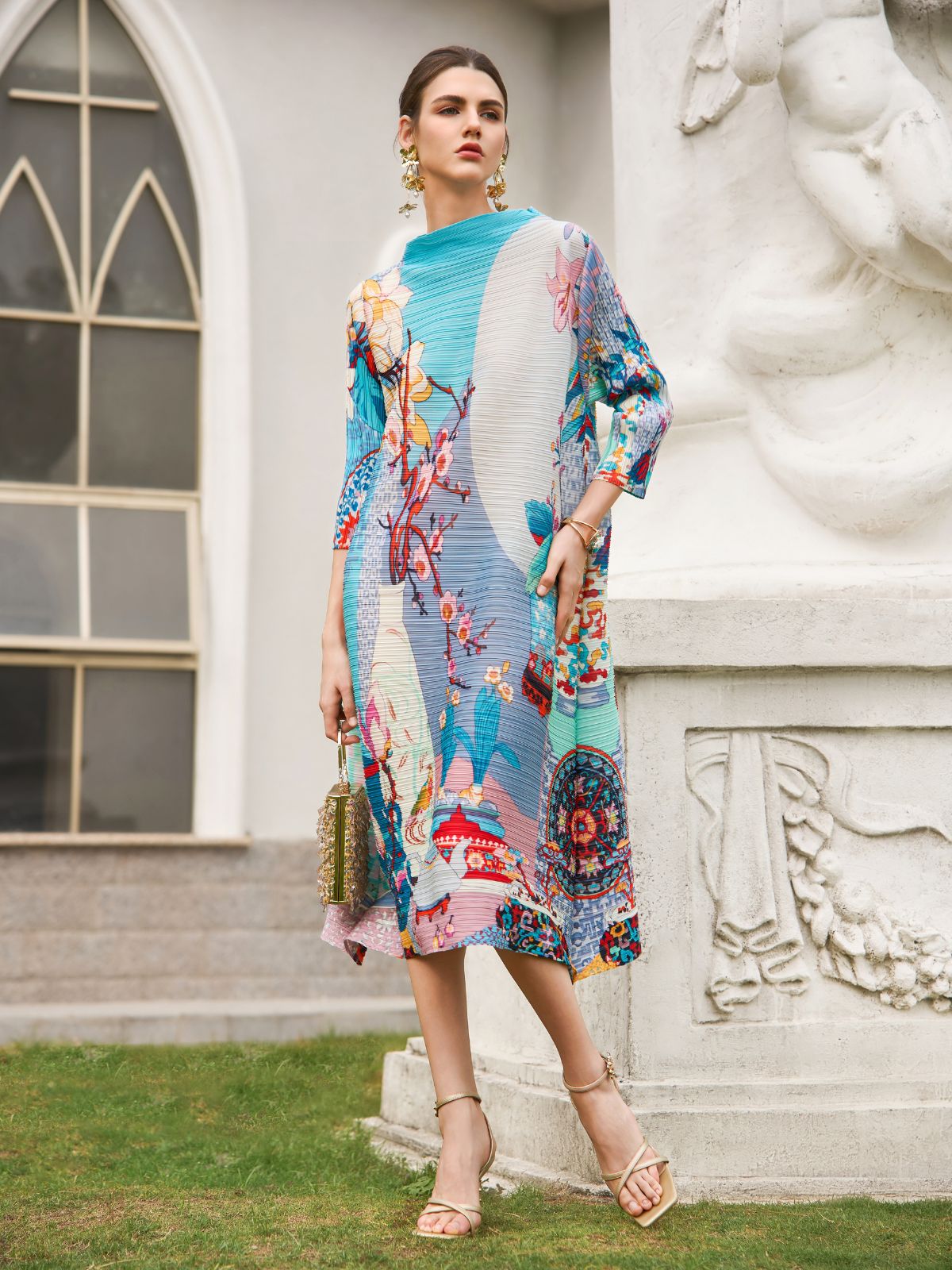 Artistic Print Pleated High Neck Dress (Slip Dress Included)
