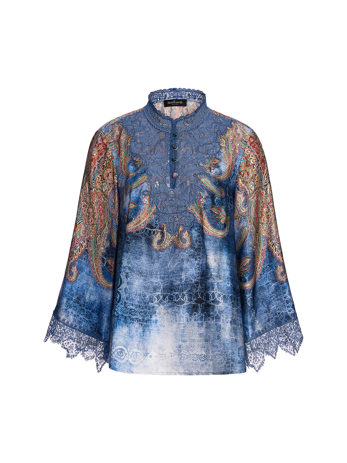 100% Silk Paisley Tie-Dye Stand Collar Blouse