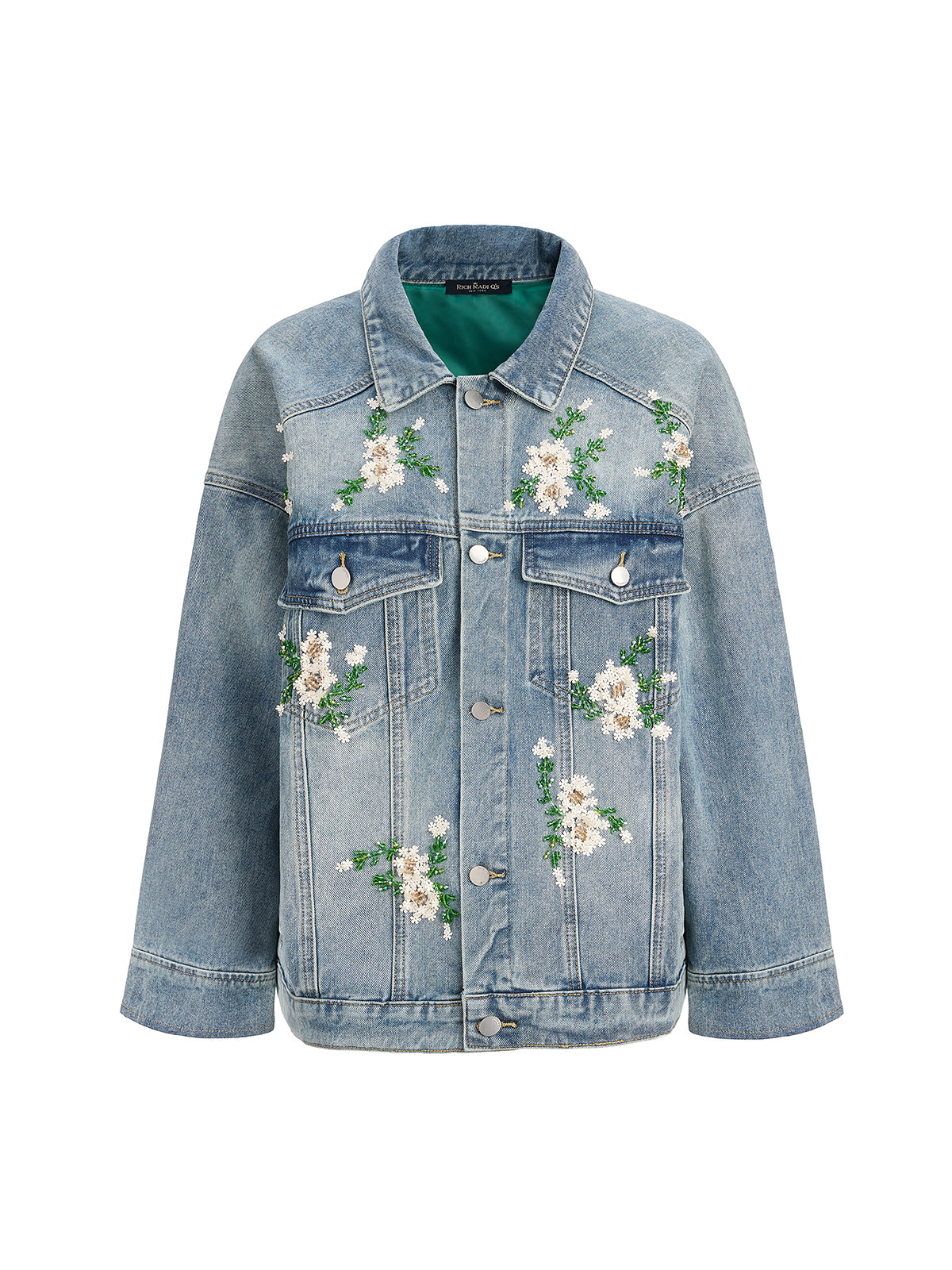 Hand-Beaded Washed Denim Jacket