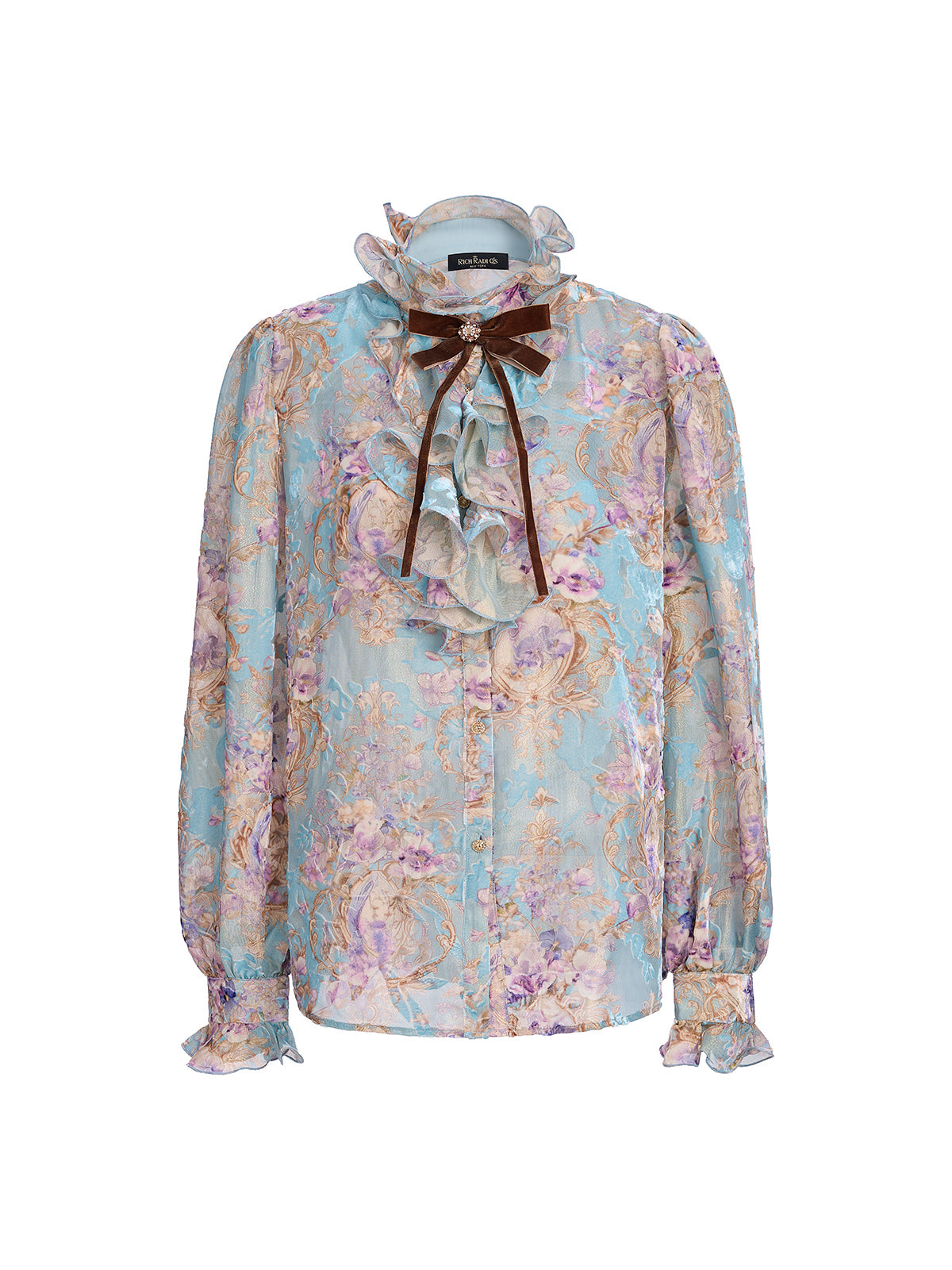 Silk Velvet Devoré Ribbon Bow Ruffle Blouse