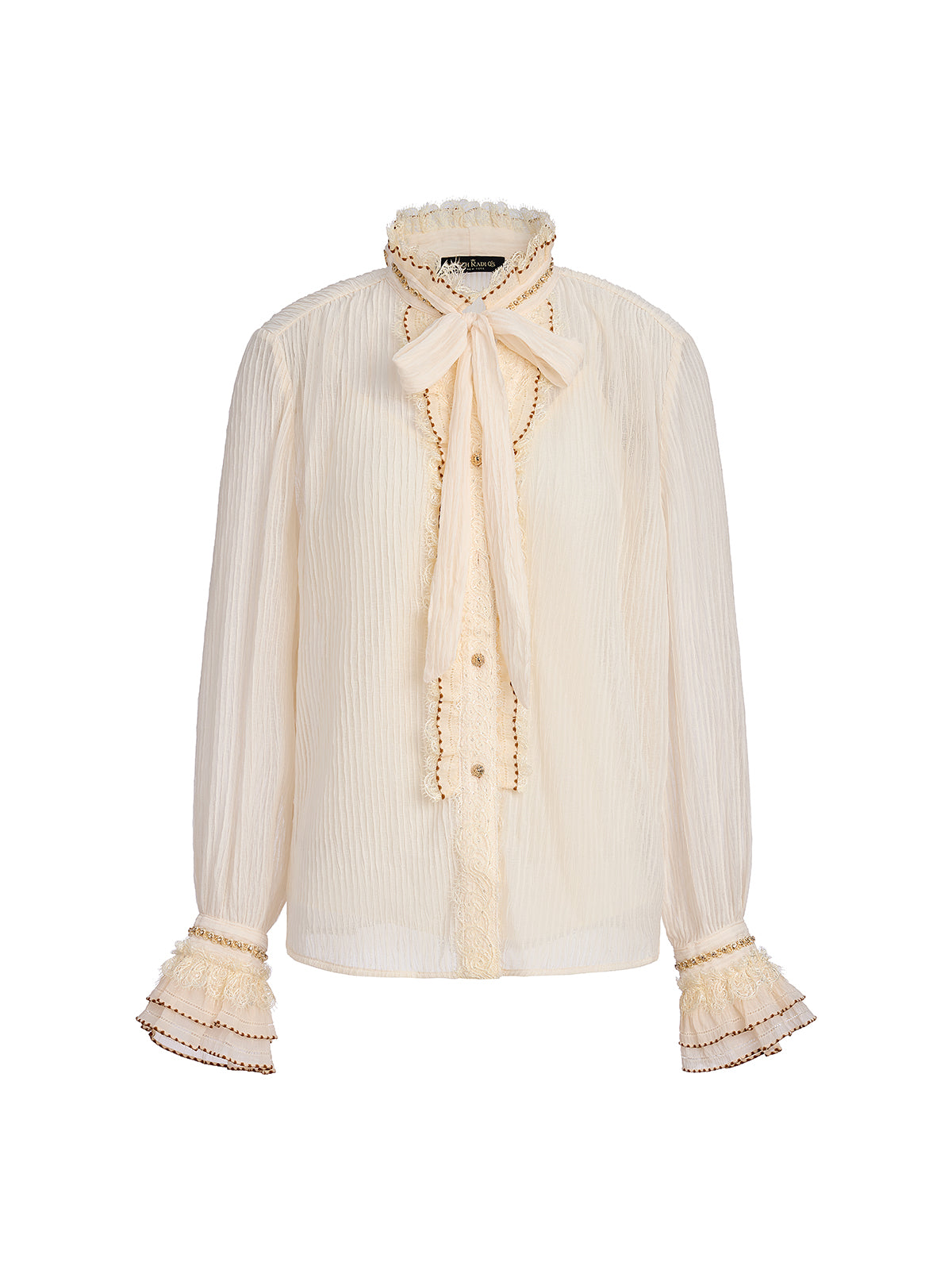 Pleated Lace-Ruffle Trim Bow-Tie Blouse