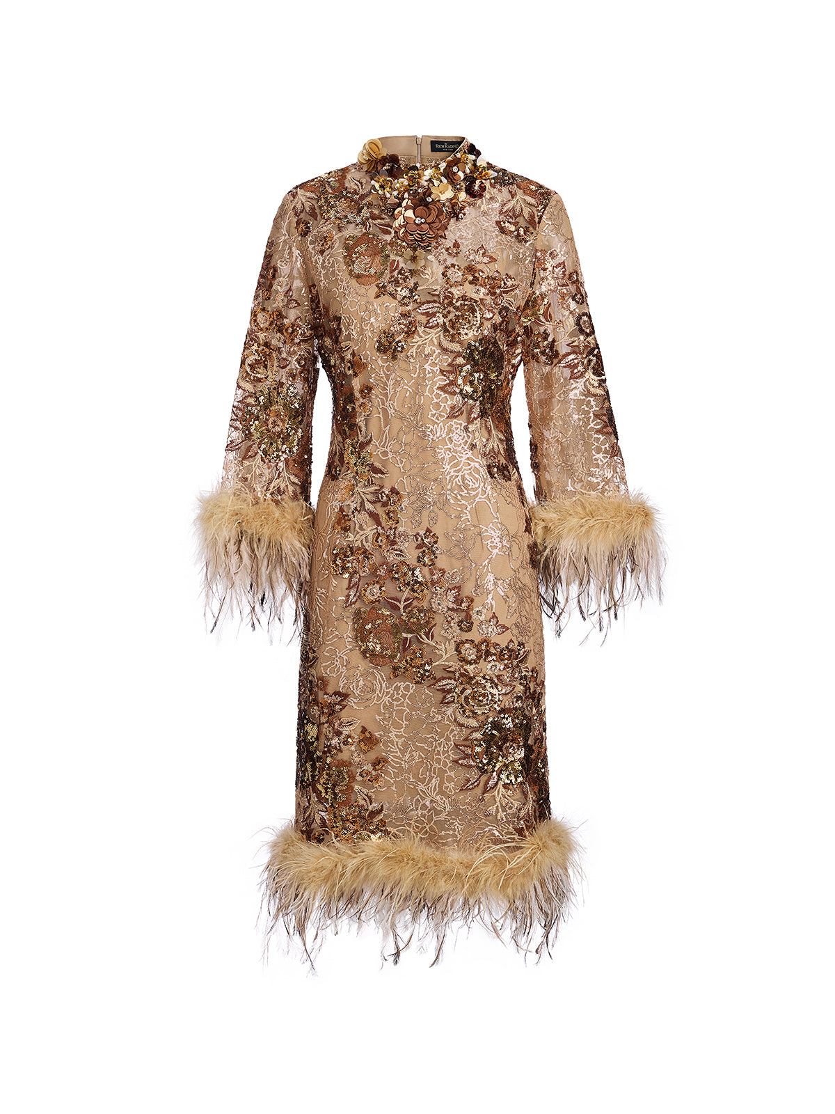 Hand-Beaded Floral Sequins & Feather Dress