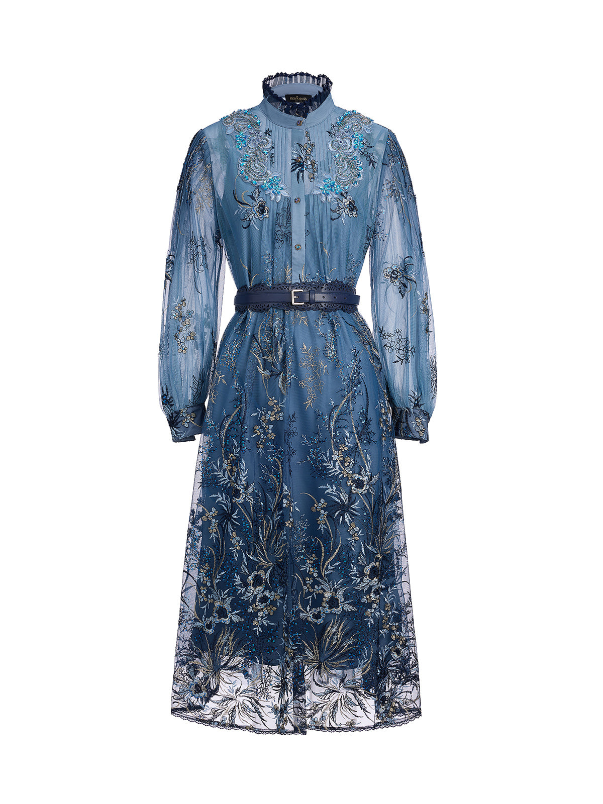Vine Silver-Thread Embroidered Beaded Lace Dress (Belt Included)
