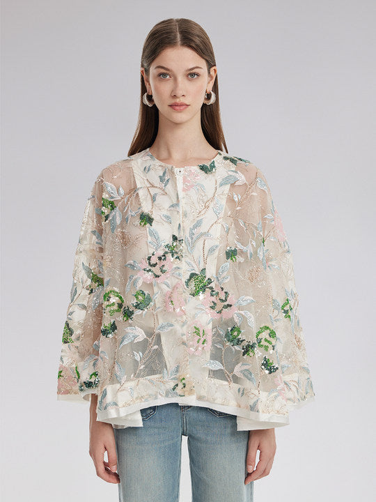 Sequin Floral Embroidered Shirt