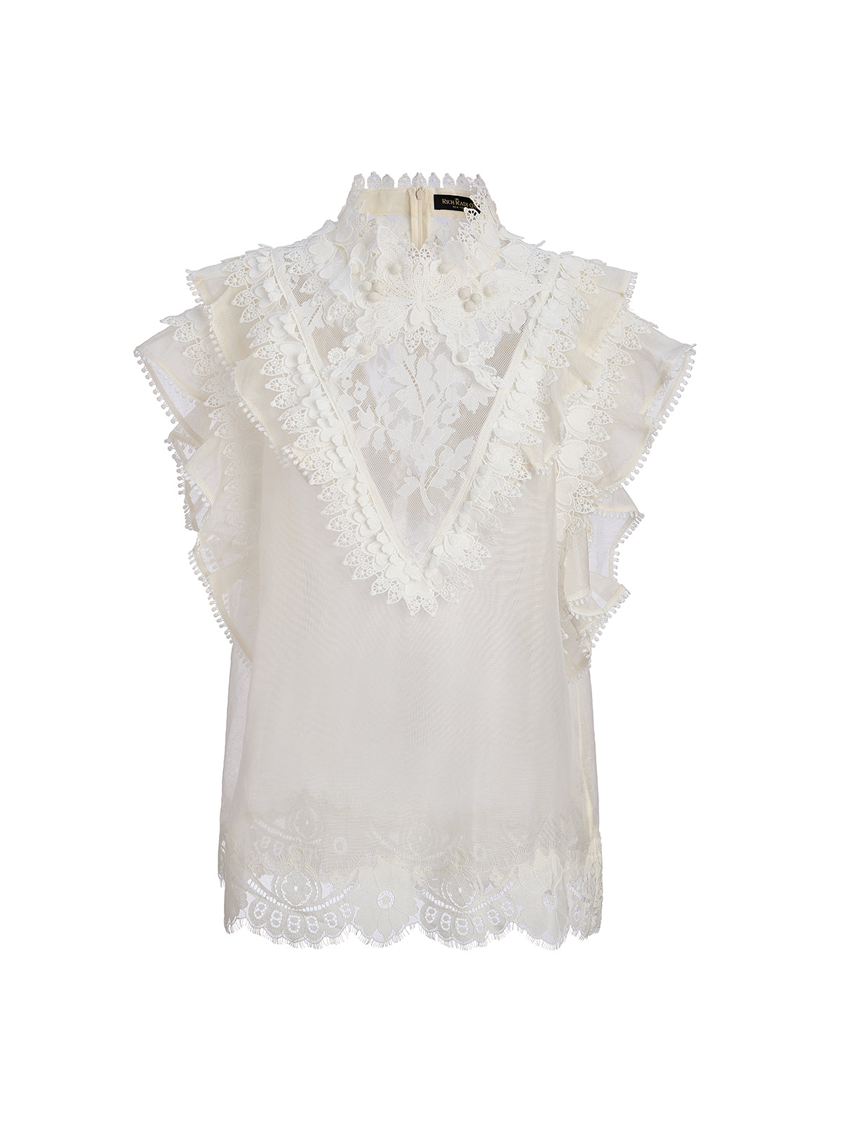 Ruffled Lace Trim Silk-Linen Blouse