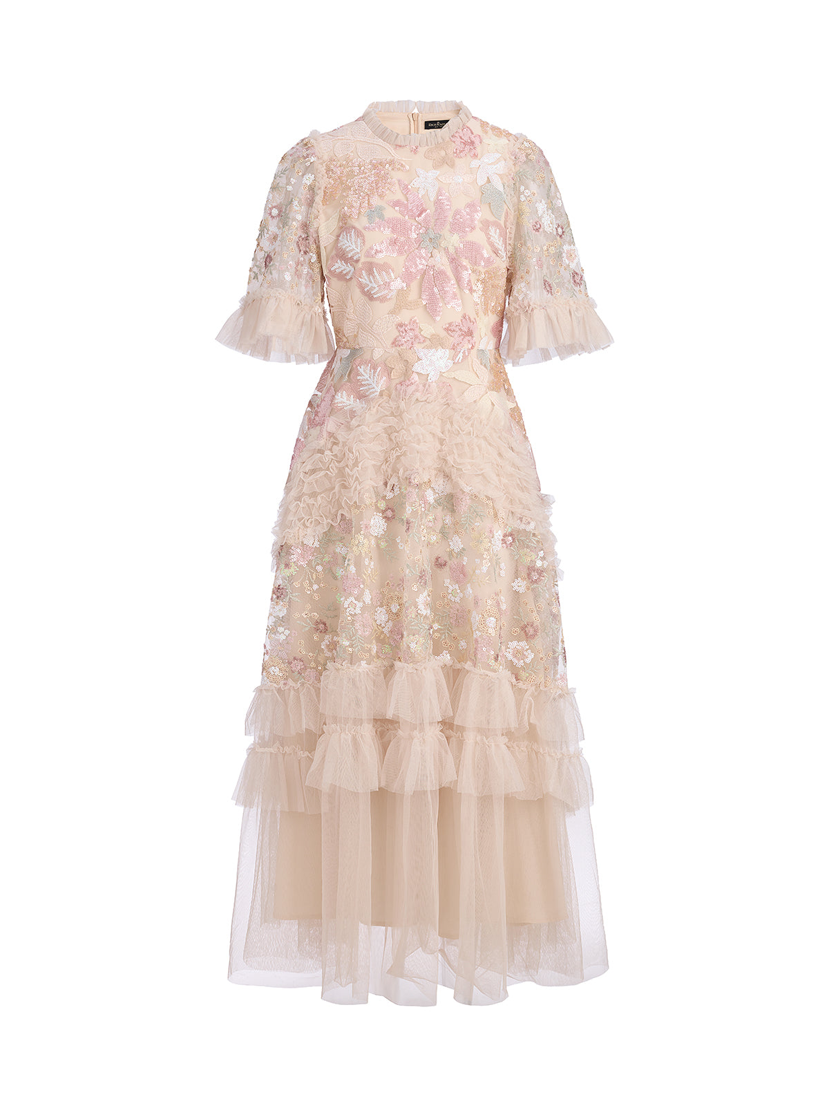 3D Floral Sequin Tulle Ruffle Dress