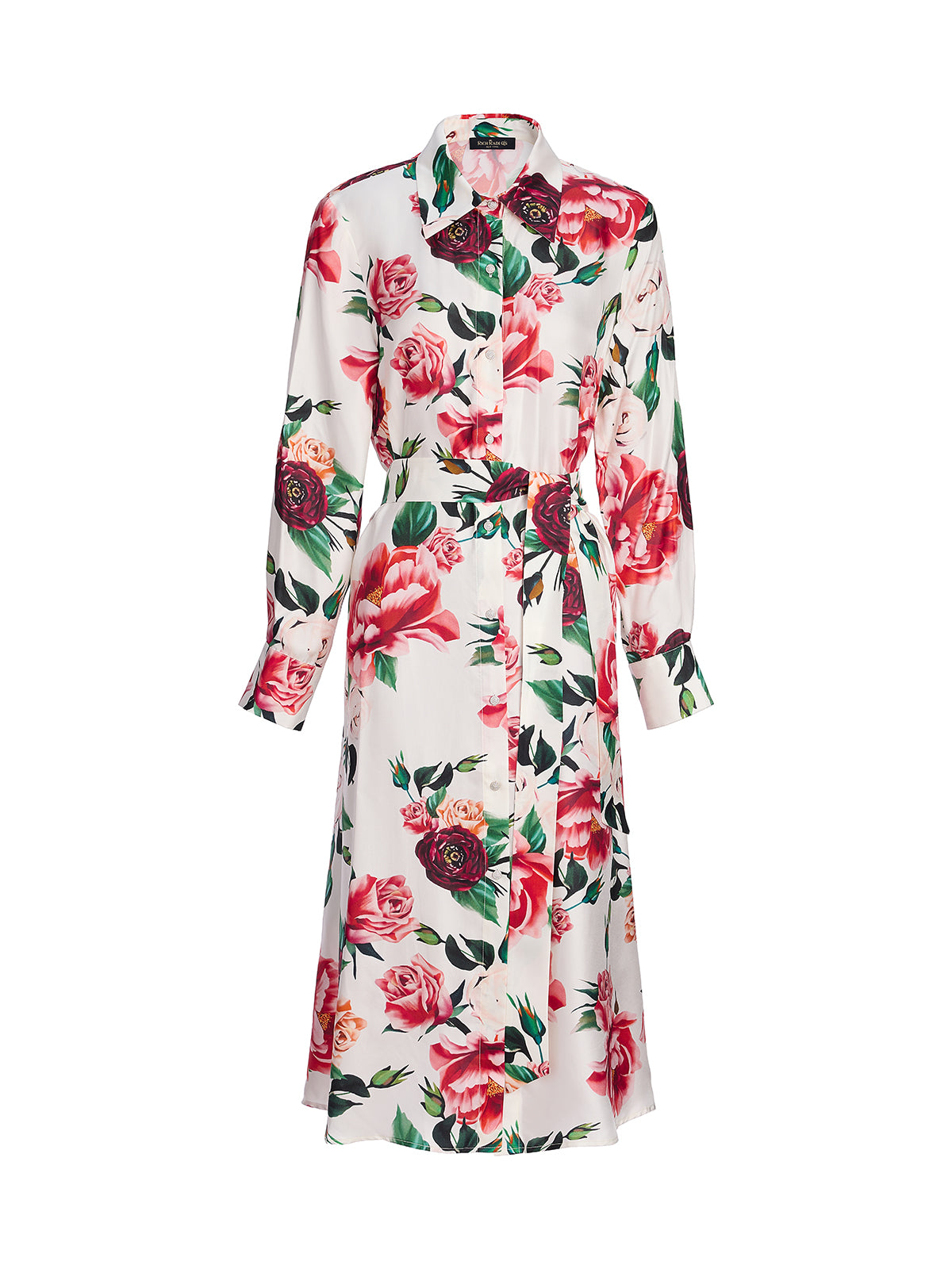 100% Silk Rose Print Turn-down Collar Dress