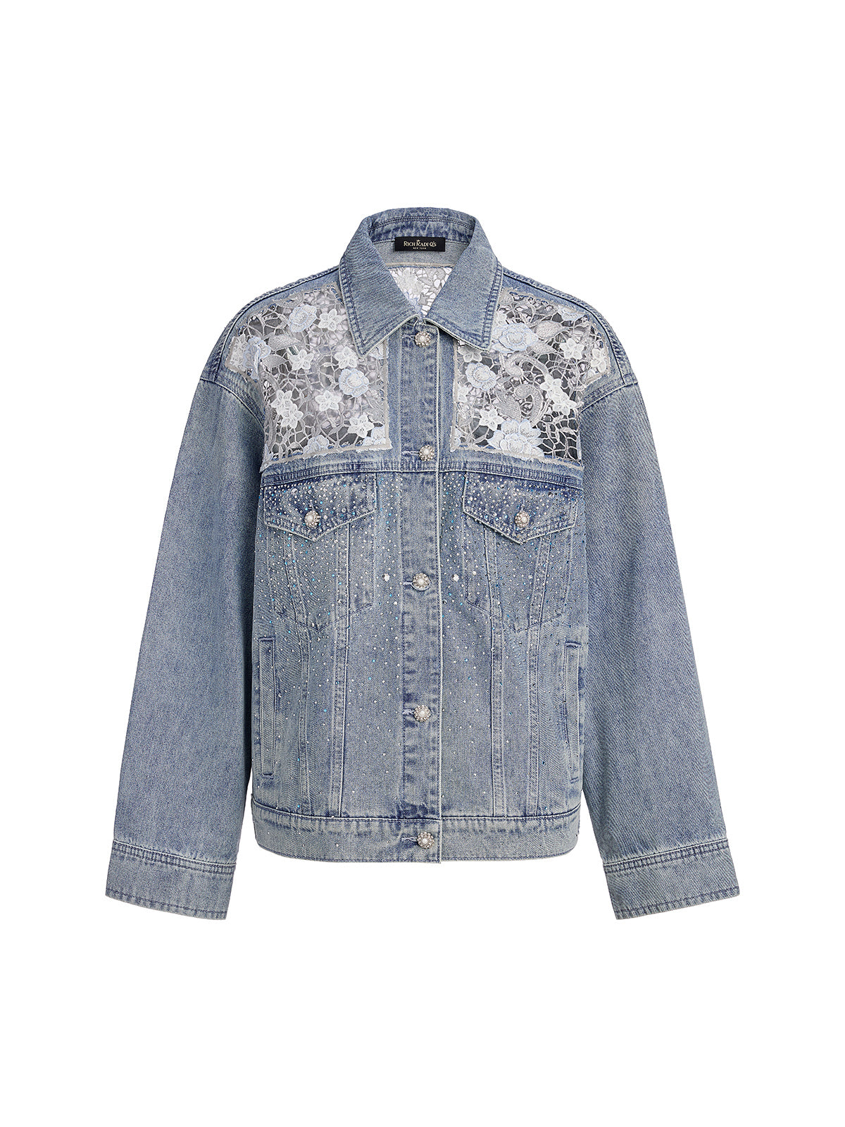 Rhinestone Lace-Panel Denim Jacket