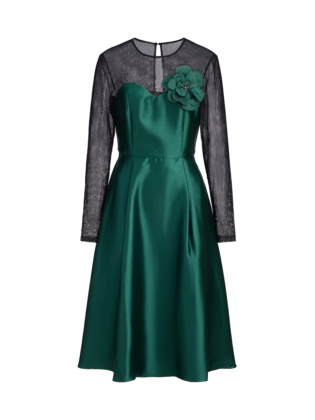 Satin Mesh-Panel Rhinestone Pocket Dress (Detachable Floral Brooch Included)