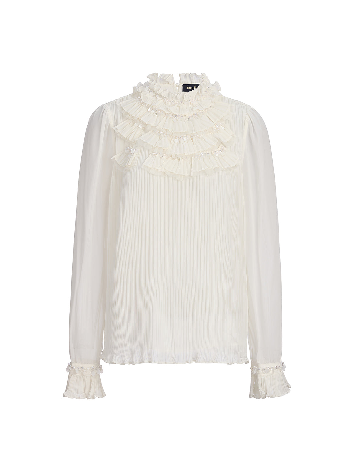 Pearl Beaded Fan Pleated Lantern Sleeve Blouse