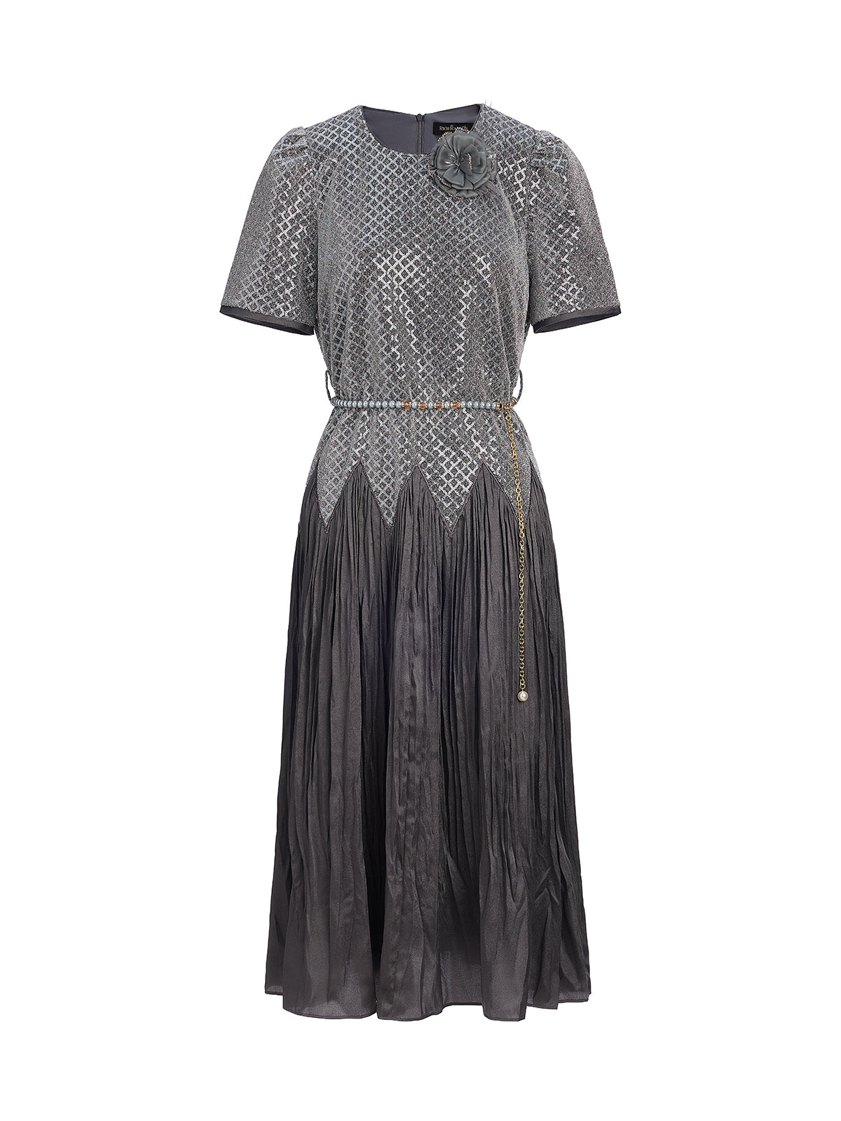 Sequin Puff-Sleeve Pleated Panel Dress (Floral Brooch & Waist Chain Included)