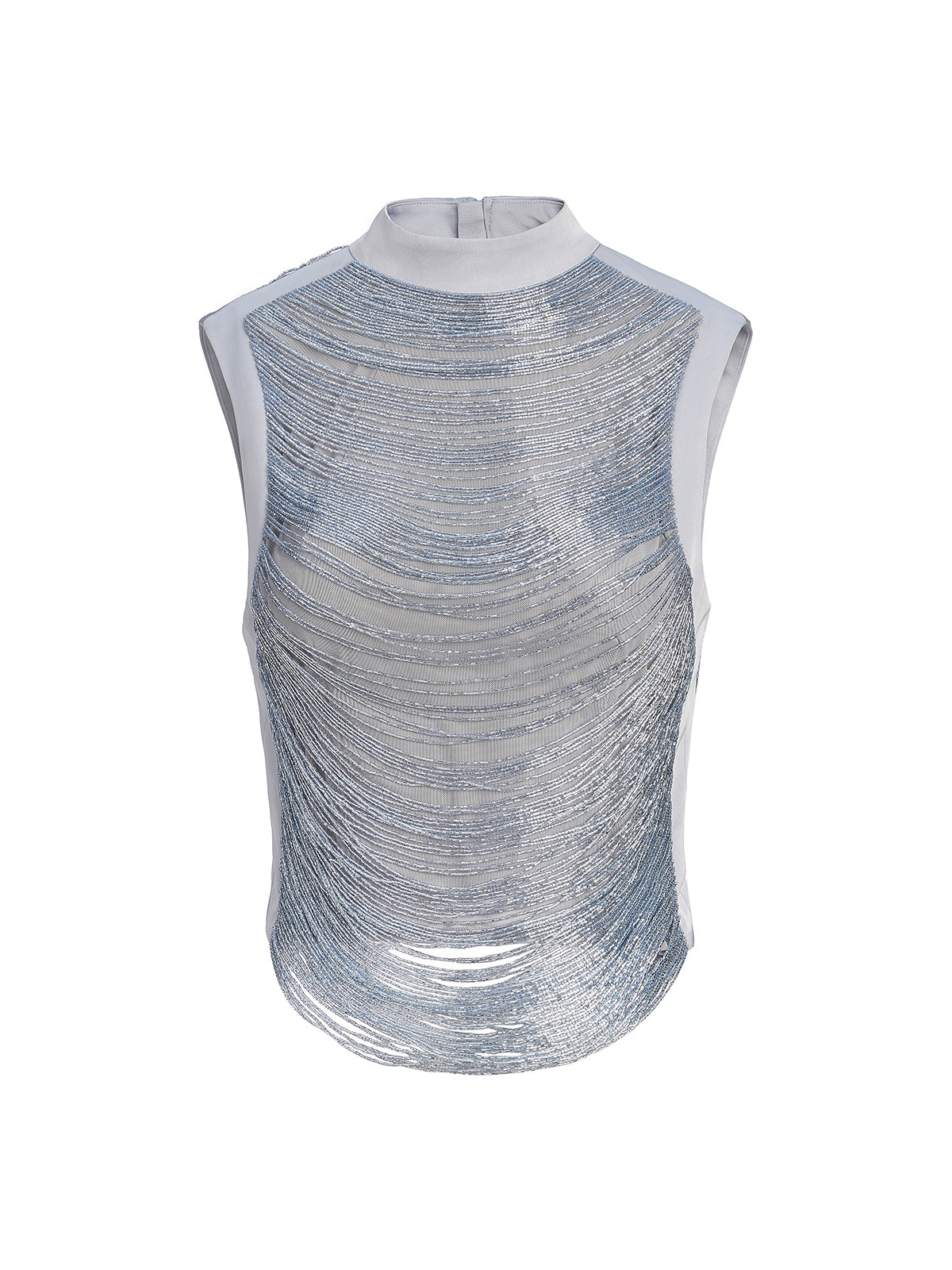 Hand Beaded Fringe Mock Neck Top
